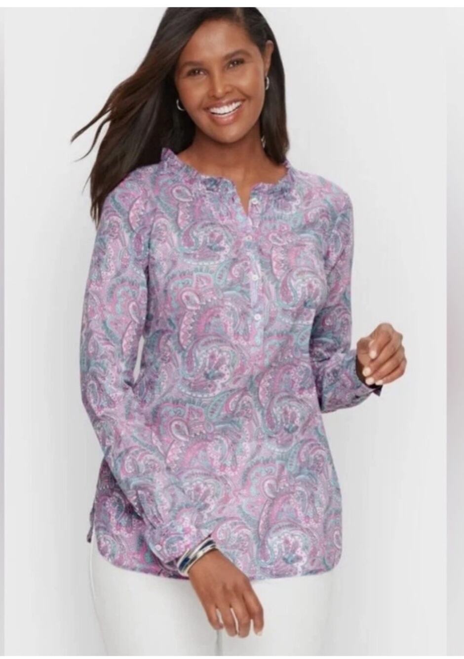 Talbots Blouse Paisley Floral Ruffle Trim Popover Long Sleeve Boho Preppy Large